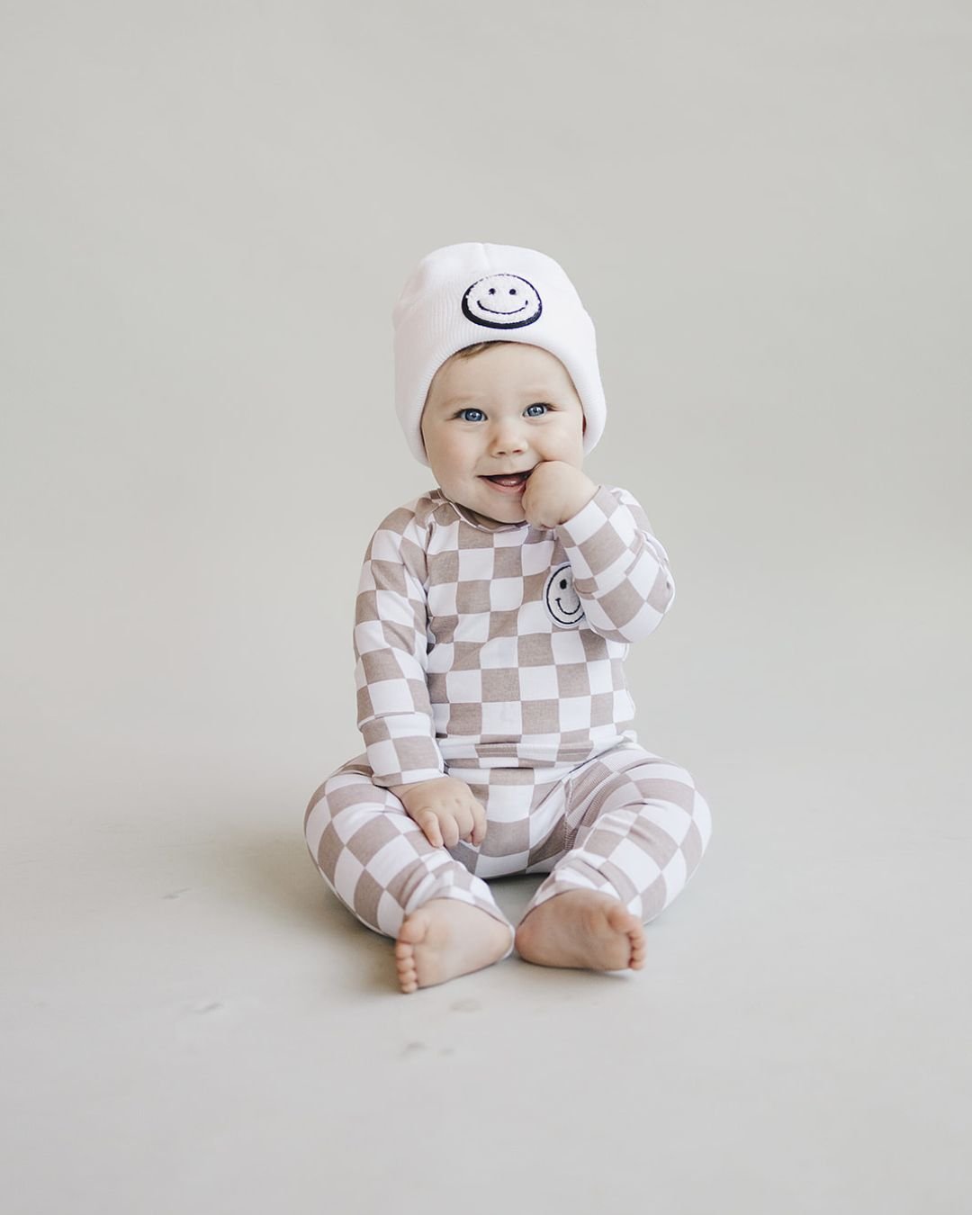 Checkered Smiley Lounge Set | Latte - Lounge Set - LUCKY PANDA KIDS