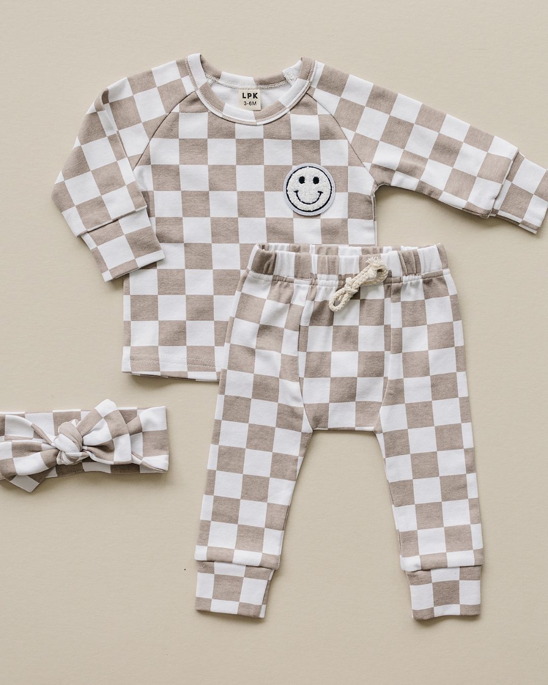 Checkered Smiley Lounge Set | Latte - Lounge Set - LUCKY PANDA KIDS