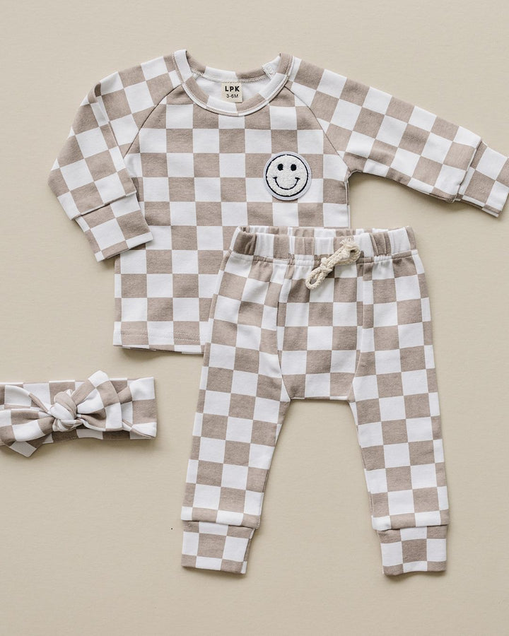 Checkered Smiley Lounge Set | Latte - Lounge Set - LUCKY PANDA KIDS