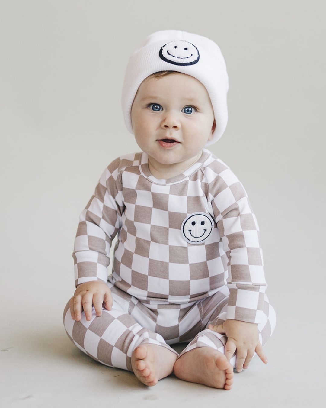 Checkered Smiley Lounge Set | Latte - Lounge Set - LUCKY PANDA KIDS