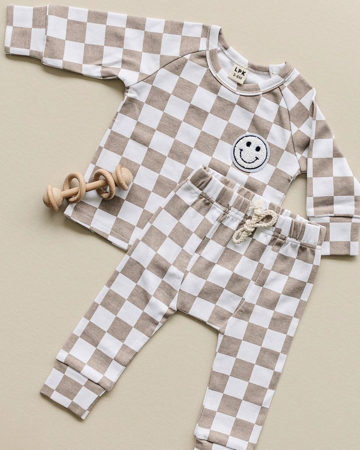 Checkered Smiley Lounge Set | Latte - Lounge Set - LUCKY PANDA KIDS