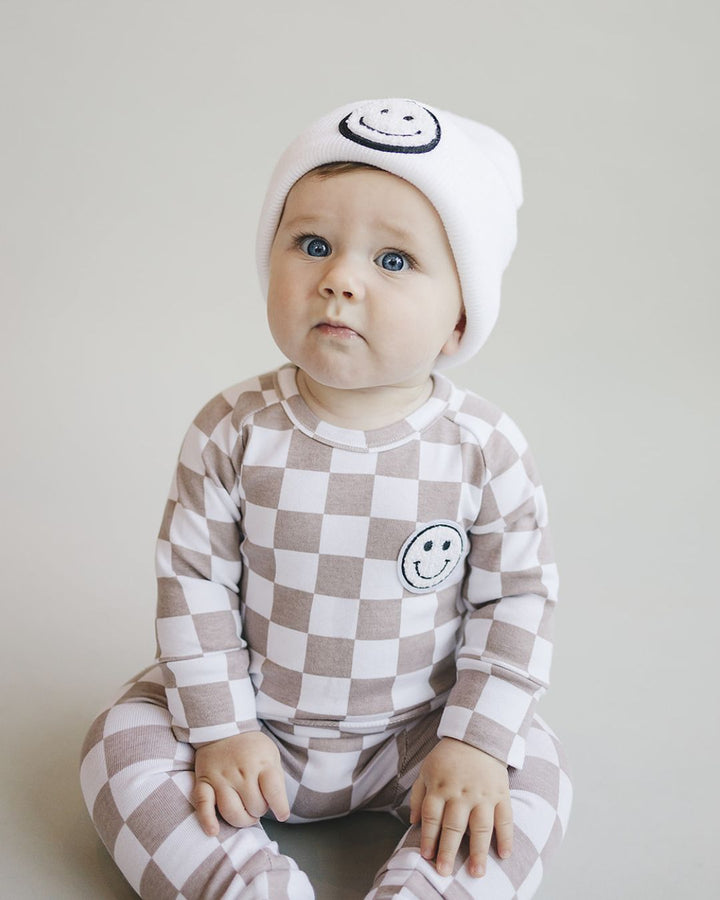 Checkered Smiley Lounge Set | Latte - Lounge Set - LUCKY PANDA KIDS