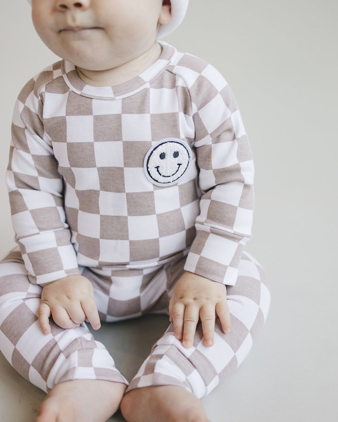 Checkered Smiley Lounge Set | Latte - Lounge Set - LUCKY PANDA KIDS