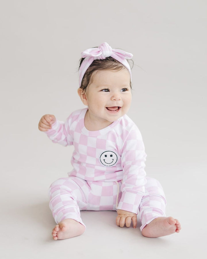 Checkered Smiley Lounge Set | Pink - Lounge Set - LUCKY PANDA KIDS