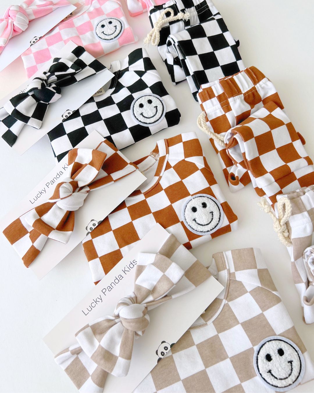 Checkered Smiley Lounge Set | Pink - Lounge Set - LUCKY PANDA KIDS