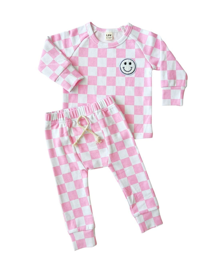 Checkered Smiley Lounge Set | Pink - Lounge Set - LUCKY PANDA KIDS
