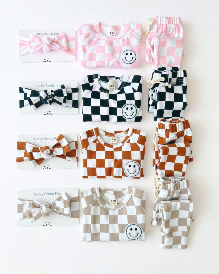 Checkered Smiley Lounge Set | Pink - Lounge Set - LUCKY PANDA KIDS