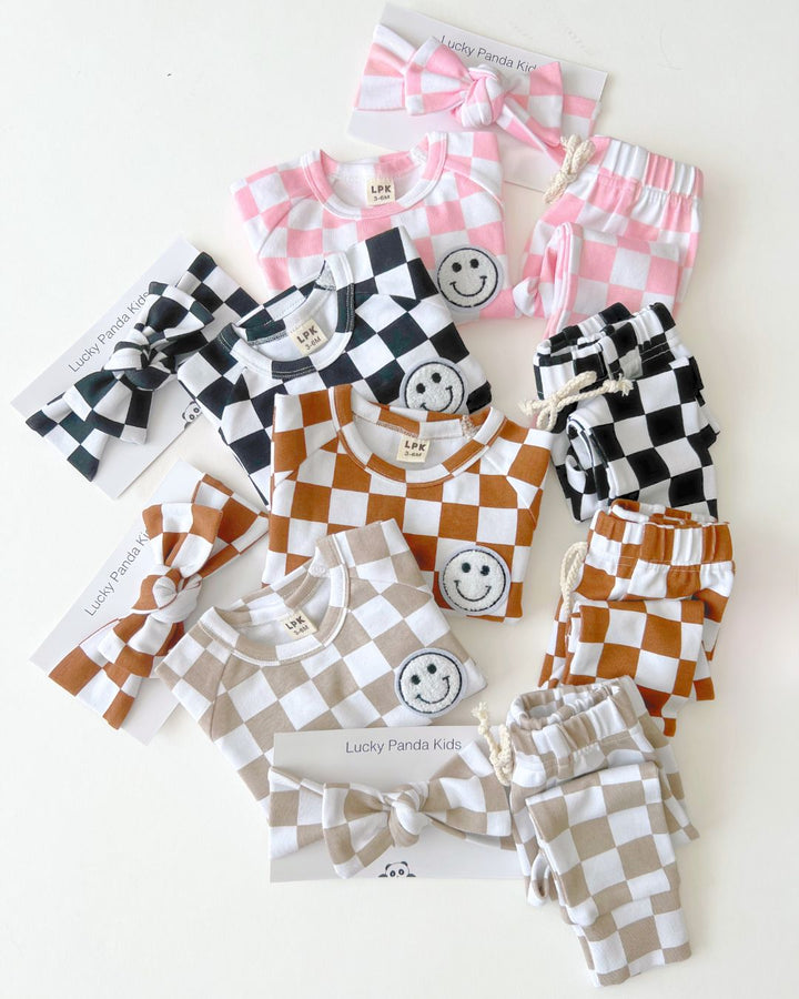 Checkered Smiley Lounge Set | Pink - Lounge Set - LUCKY PANDA KIDS