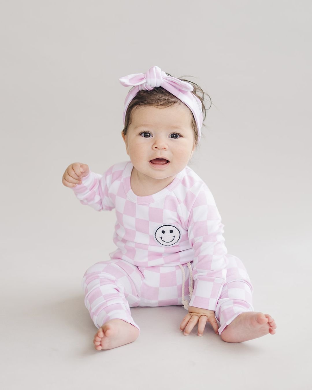 Checkered Smiley Lounge Set | Pink - Lounge Set - LUCKY PANDA KIDS