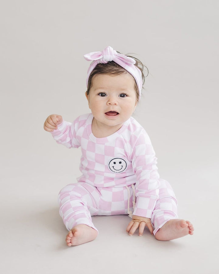Checkered Smiley Lounge Set | Pink - Lounge Set - LUCKY PANDA KIDS