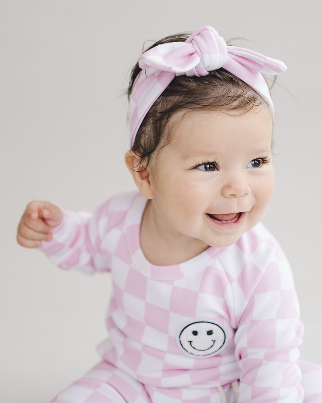 Checkered Smiley Lounge Set | Pink - Lounge Set - LUCKY PANDA KIDS