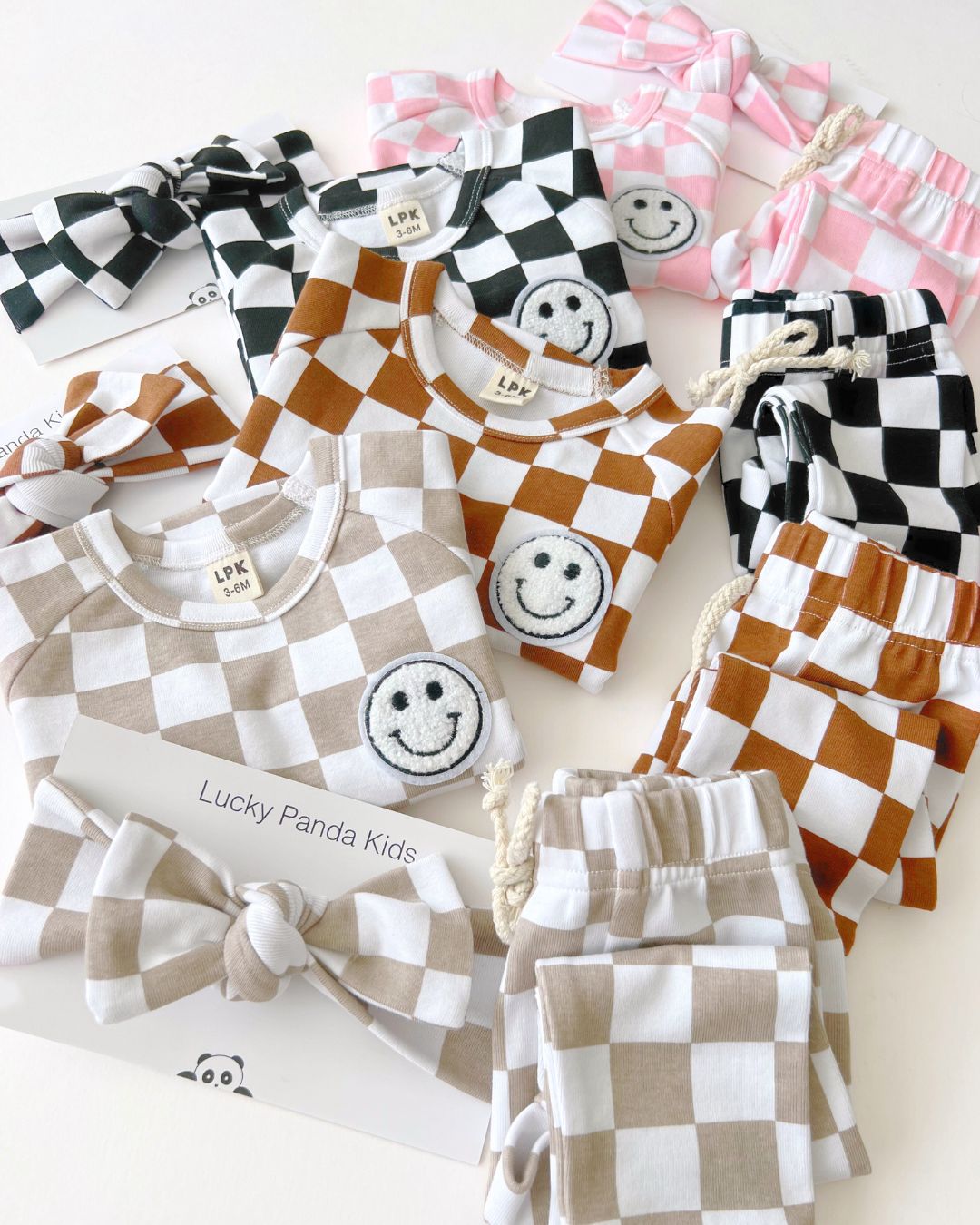 Checkered Smiley Lounge Set | Pink - Lounge Set - LUCKY PANDA KIDS