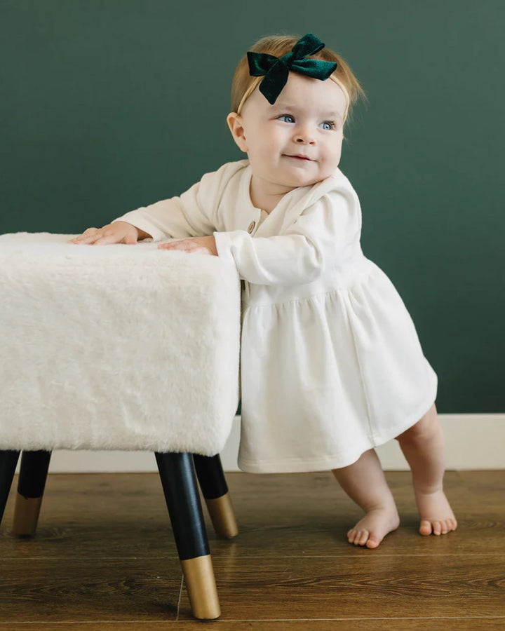 Long Sleeve Button Dress, Milk - BABY GIRL CLOTHES - LUCKY PANDA KIDS