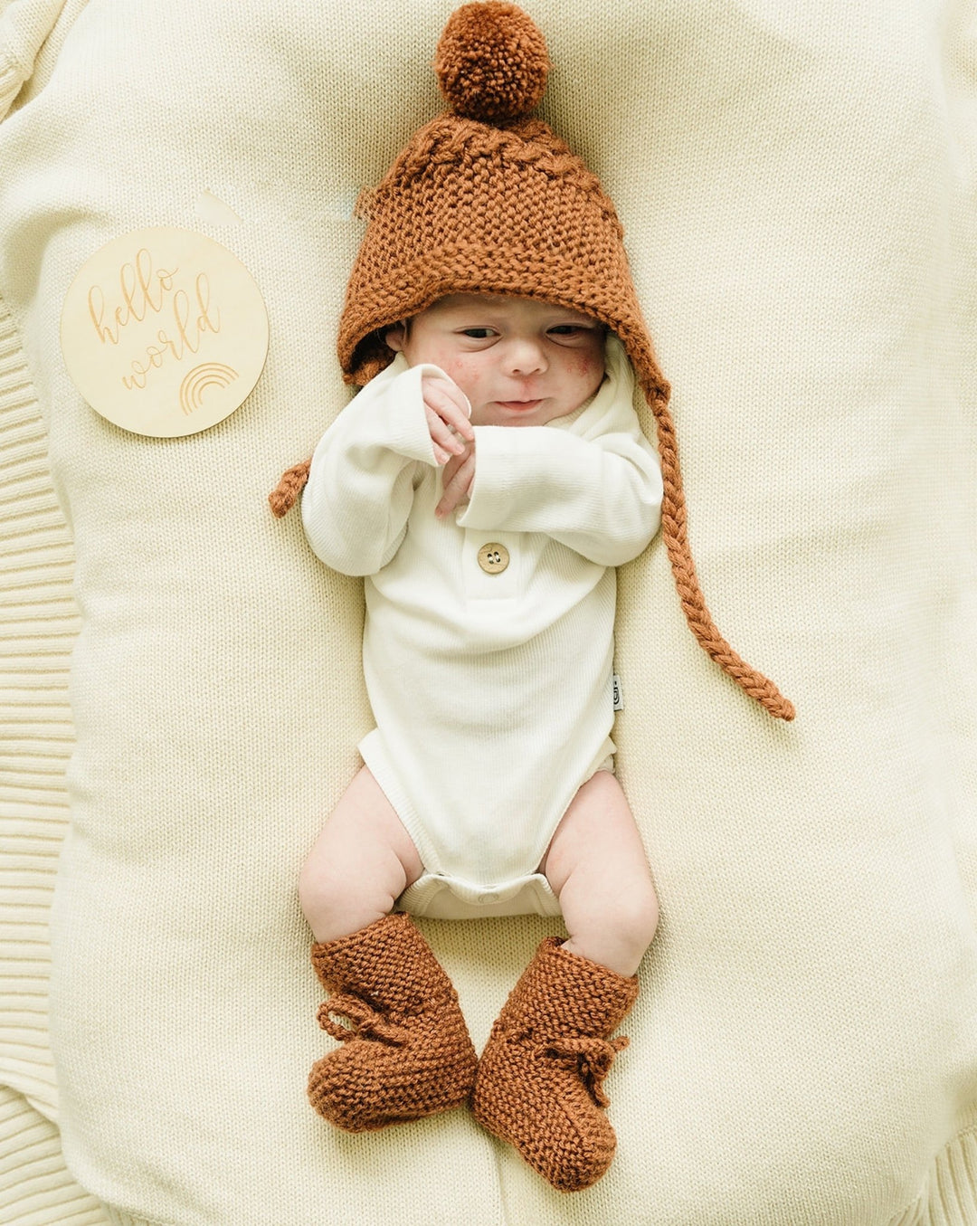 Merino Wool Bonnet & Bootie Set, Cinnamon - Baby & Toddler Clothing Accessories - LUCKY PANDA KIDS