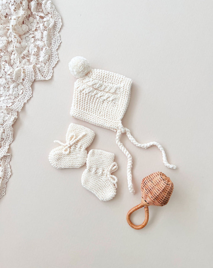 Merino Wool Bonnet & Bootie Set, Cream - Baby & Toddler Clothing Accessories - LUCKY PANDA KIDS