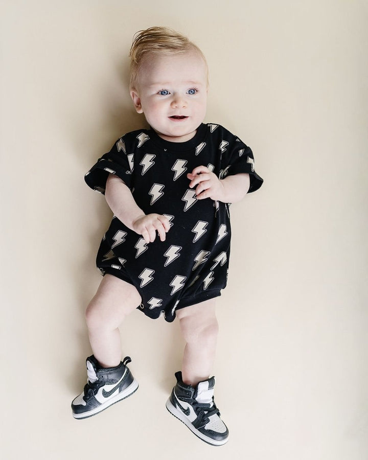 Short Sleeve Bubble Romper | Black Bolts - LUCKY PANDA KIDS