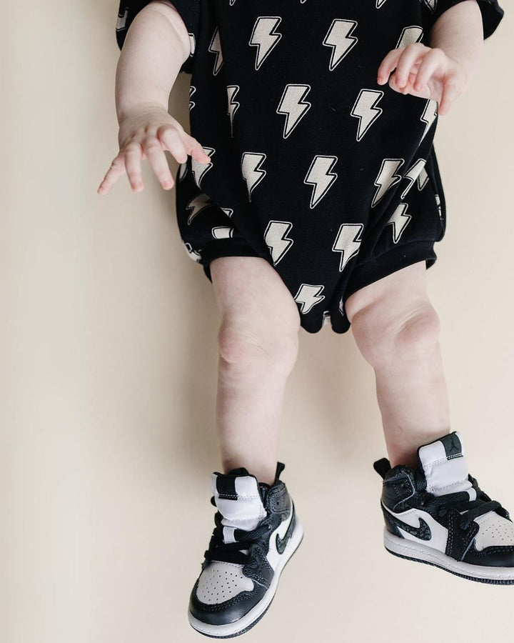 Short Sleeve Bubble Romper | Black Bolts - LUCKY PANDA KIDS