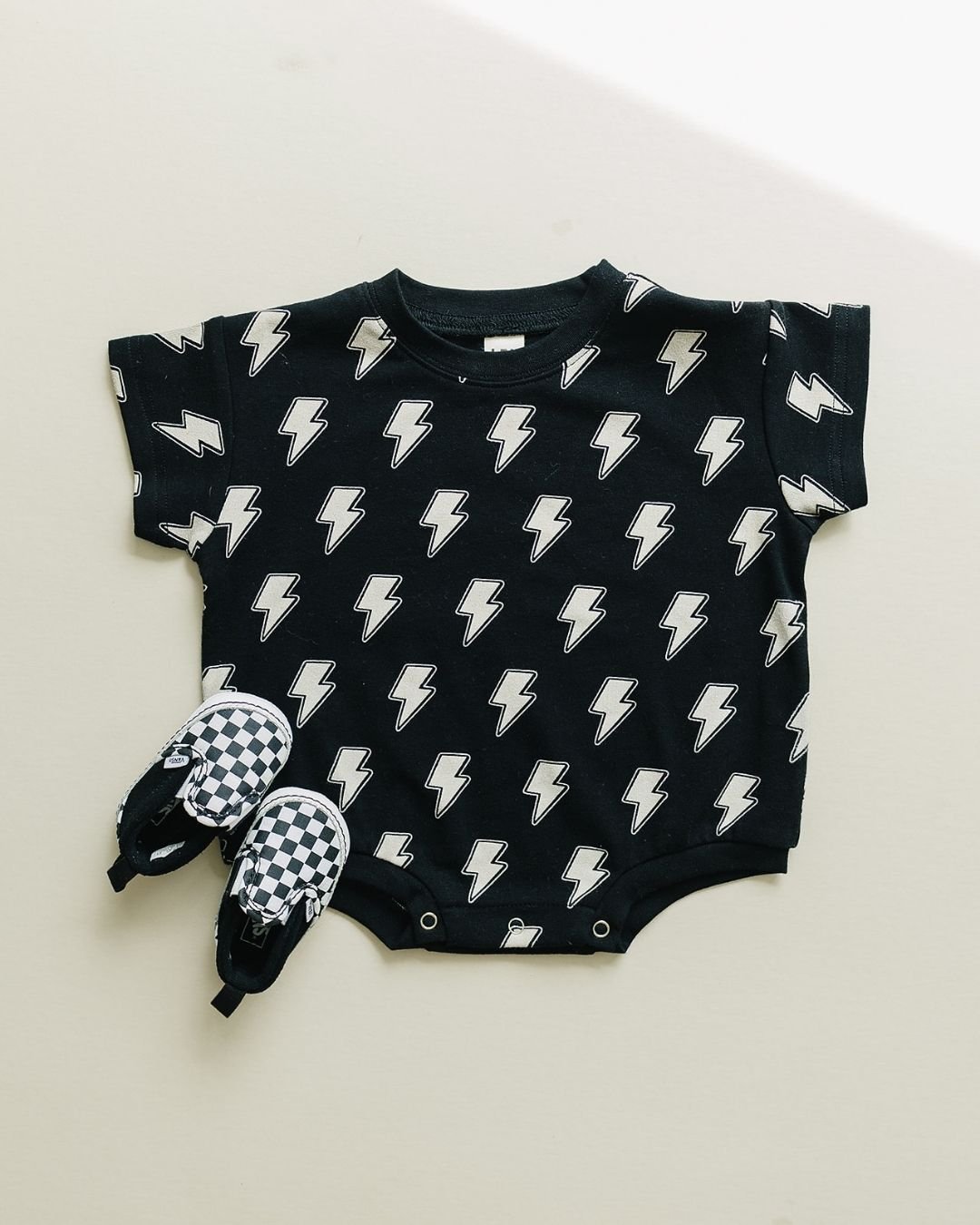 Short Sleeve Bubble Romper | Black Bolts - LUCKY PANDA KIDS