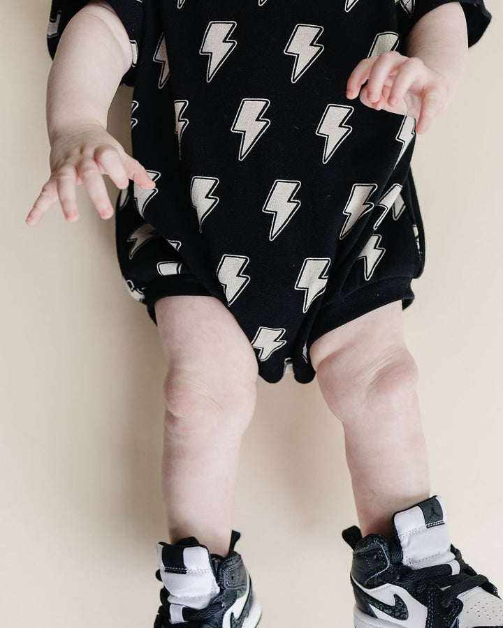 Short Sleeve Bubble Romper | Black Bolts - LUCKY PANDA KIDS