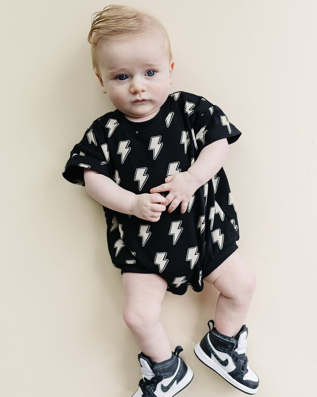 Short Sleeve Bubble Romper | Black Bolts - LUCKY PANDA KIDS