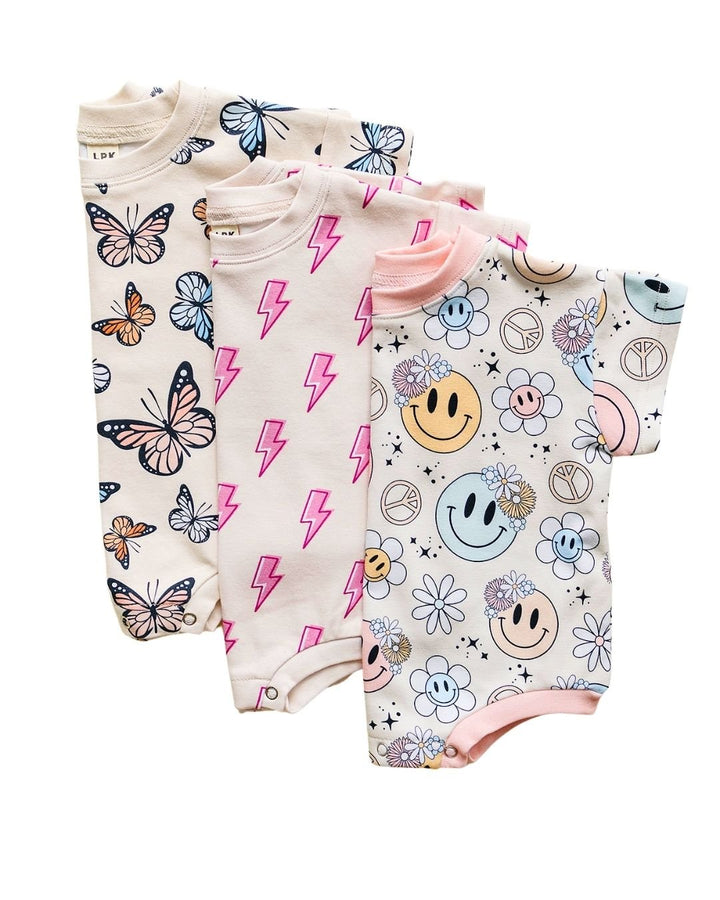 Short Sleeve Bubble Romper | Pink Bolts - LUCKY PANDA KIDS