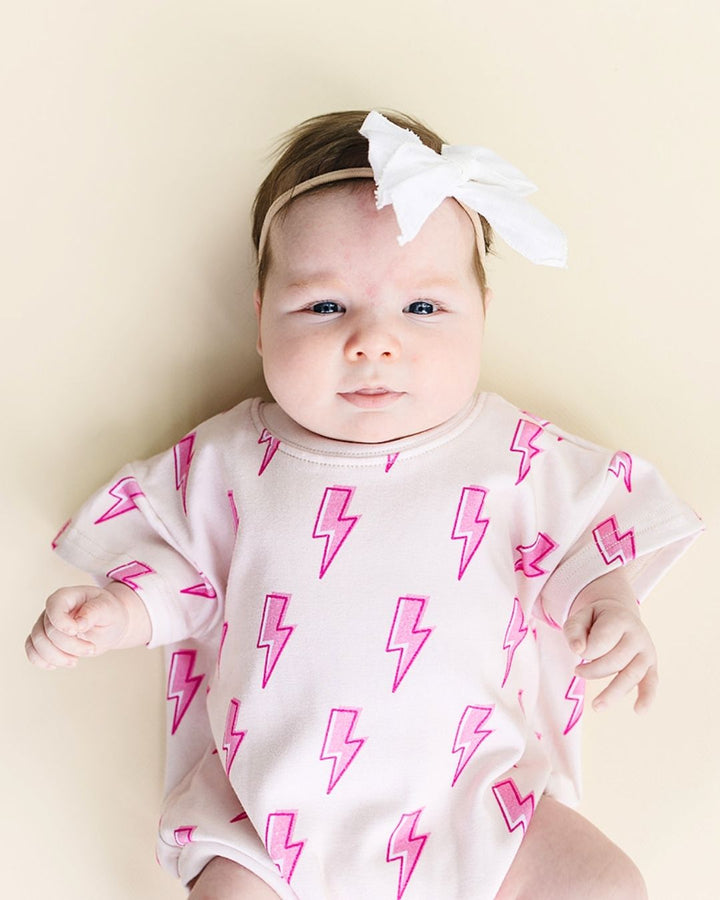 Short Sleeve Bubble Romper | Pink Bolts - LUCKY PANDA KIDS