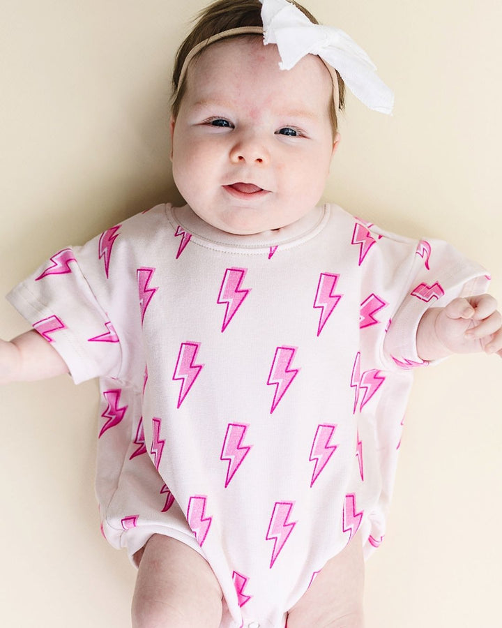 Short Sleeve Bubble Romper | Pink Bolts - LUCKY PANDA KIDS