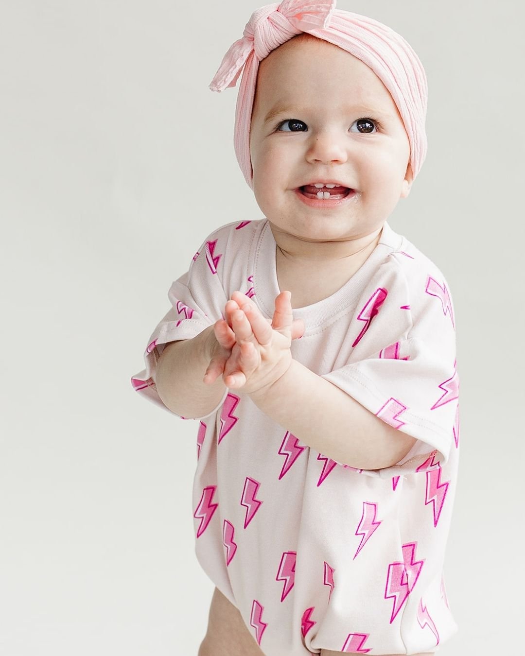 Short Sleeve Bubble Romper | Pink Bolts - LUCKY PANDA KIDS