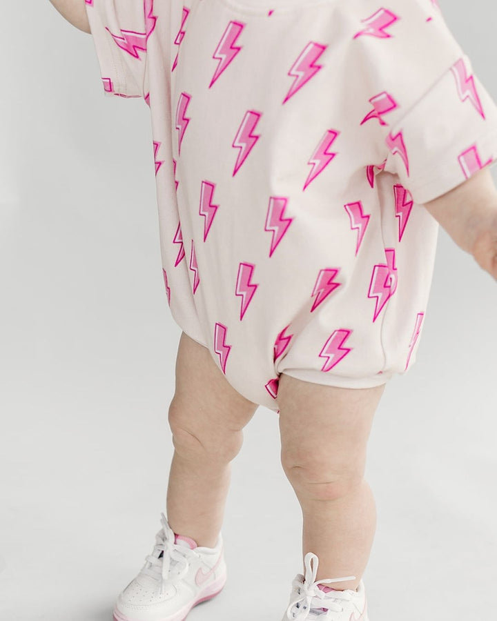 Short Sleeve Bubble Romper | Pink Bolts - LUCKY PANDA KIDS