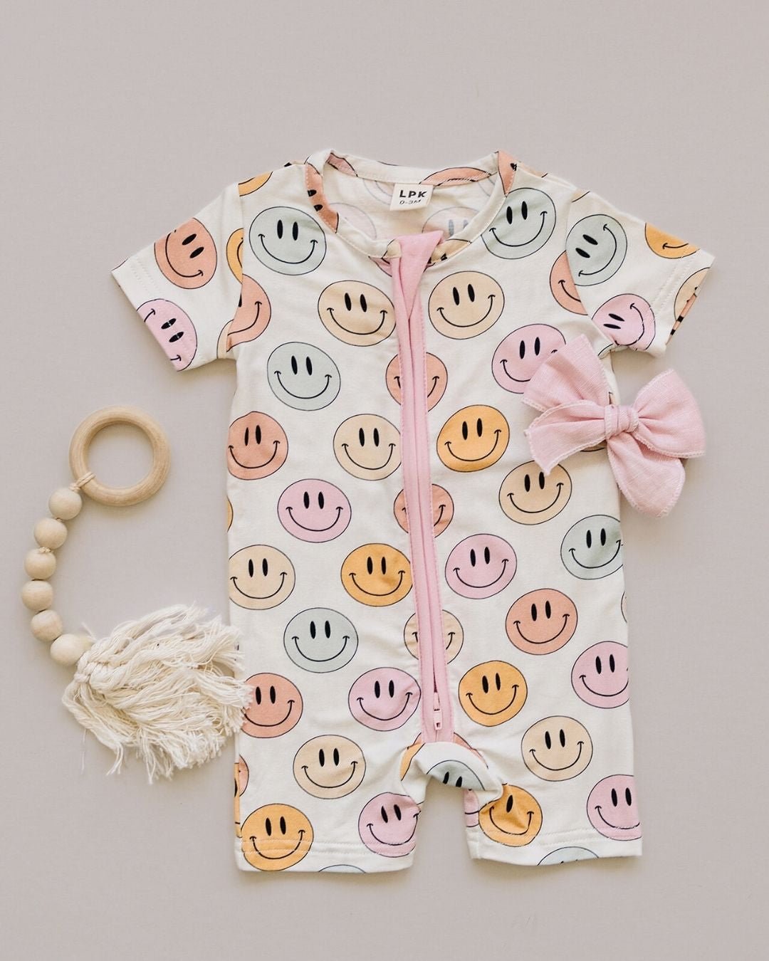 Smiley Bamboo Short Romper | Pink - Romper - LUCKY PANDA KIDS
