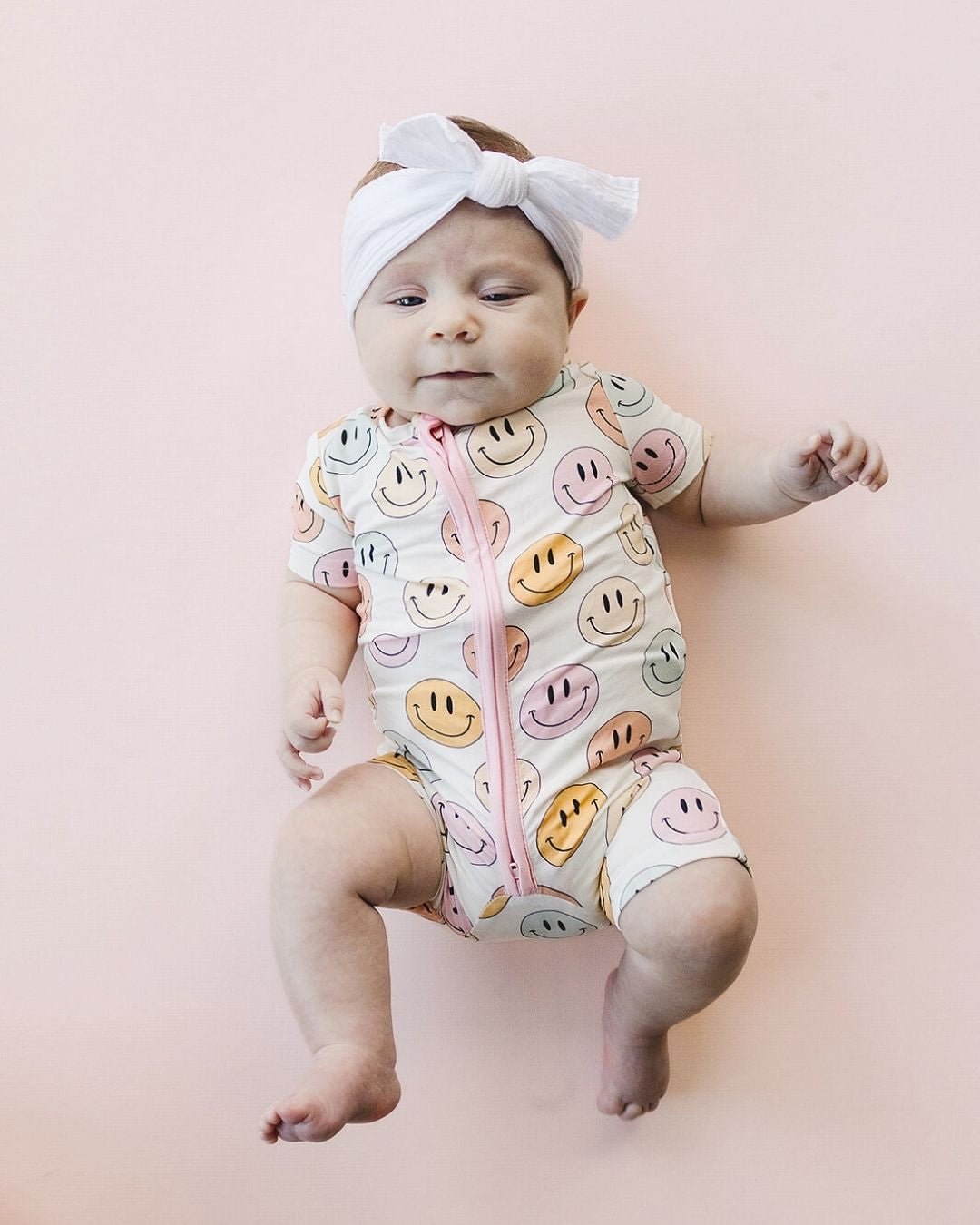 Smiley Bamboo Short Romper | Pink - Romper - LUCKY PANDA KIDS
