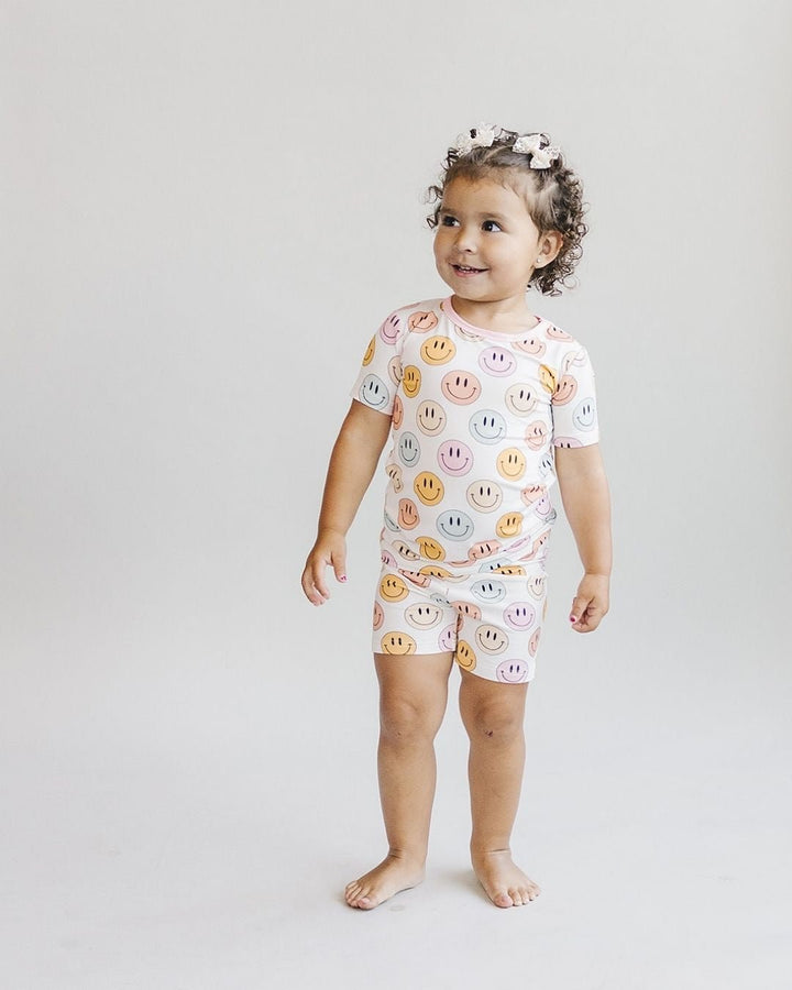 Smiley Bamboo Two Piece Shorts Set | Pink - Romper - LUCKY PANDA KIDS
