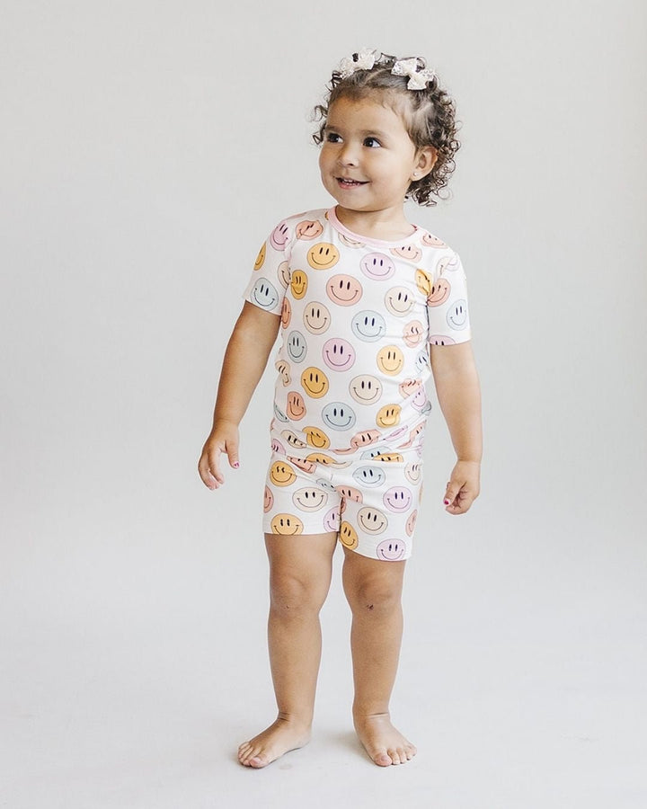 Smiley Bamboo Two Piece Shorts Set | Pink - Romper - LUCKY PANDA KIDS