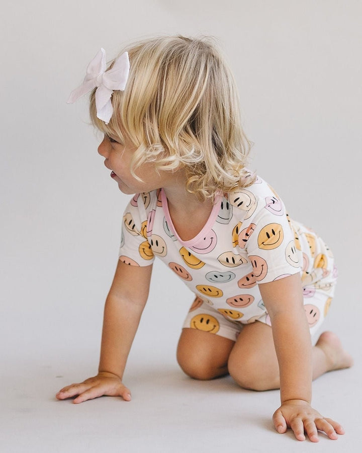 Smiley Bamboo Two Piece Shorts Set | Pink - Romper - LUCKY PANDA KIDS
