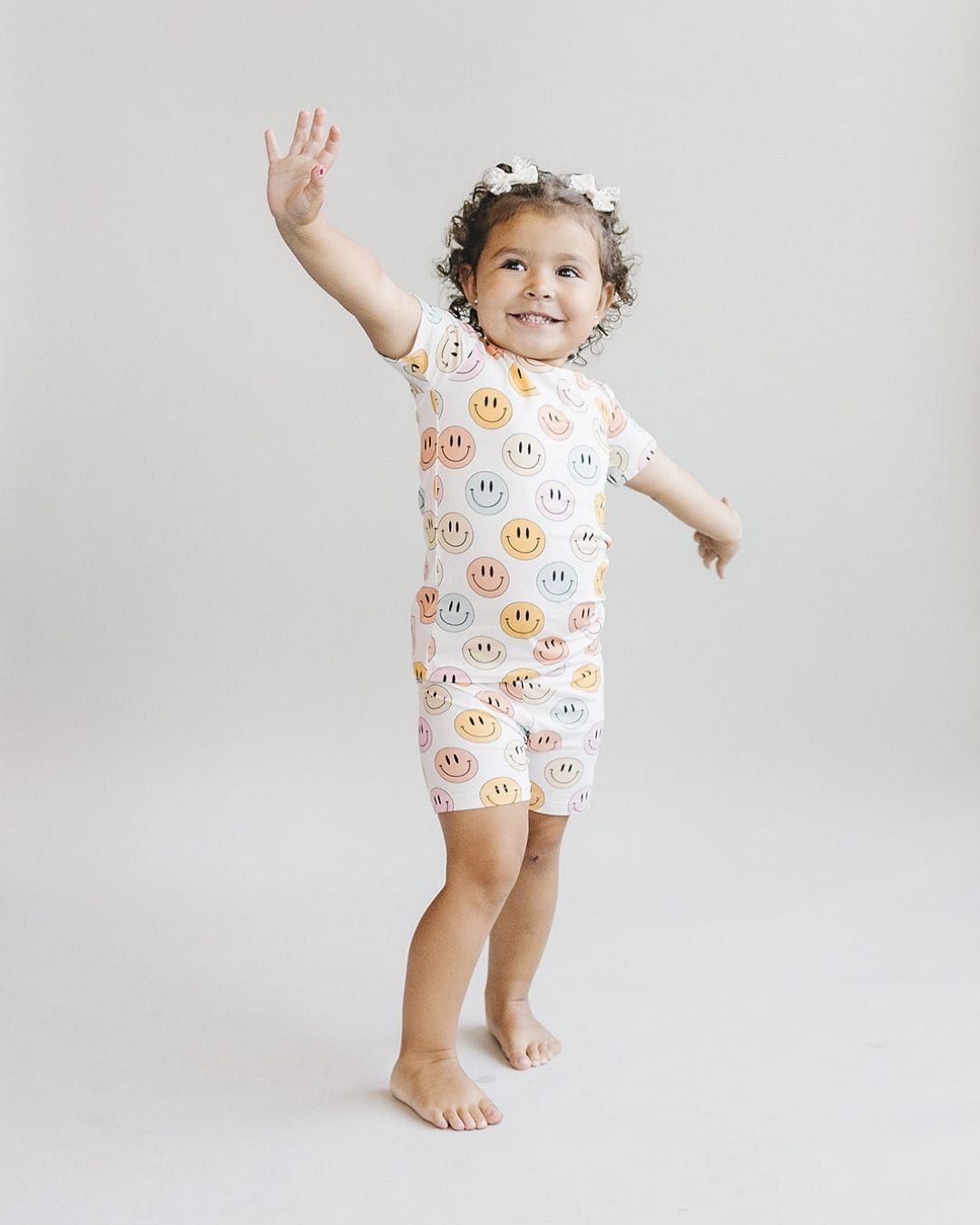 Smiley Bamboo Two Piece Shorts Set | Pink - Romper - LUCKY PANDA KIDS