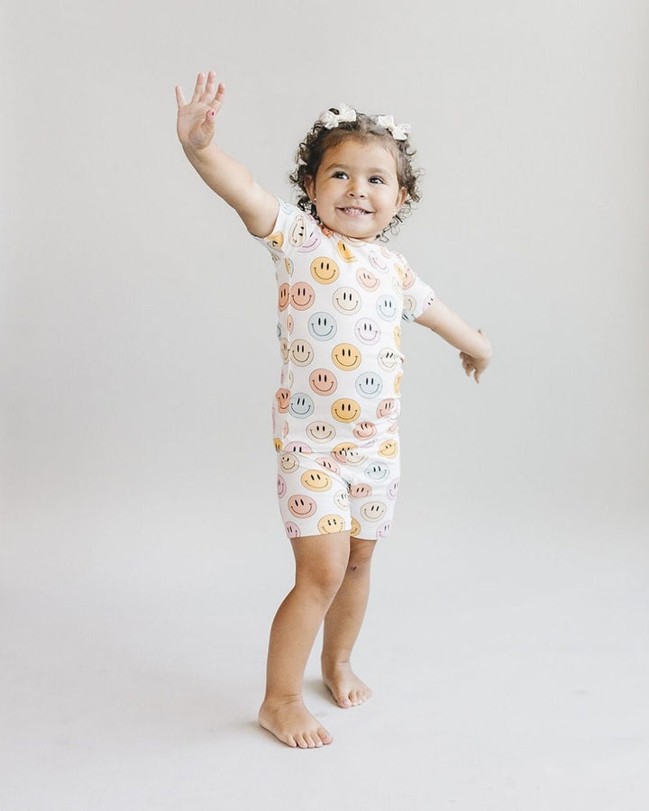 Smiley Bamboo Two Piece Shorts Set | Pink - Romper - LUCKY PANDA KIDS