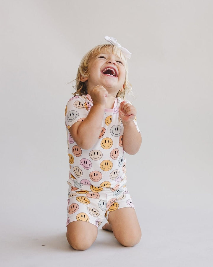 Smiley Bamboo Two Piece Shorts Set | Pink - Romper - LUCKY PANDA KIDS