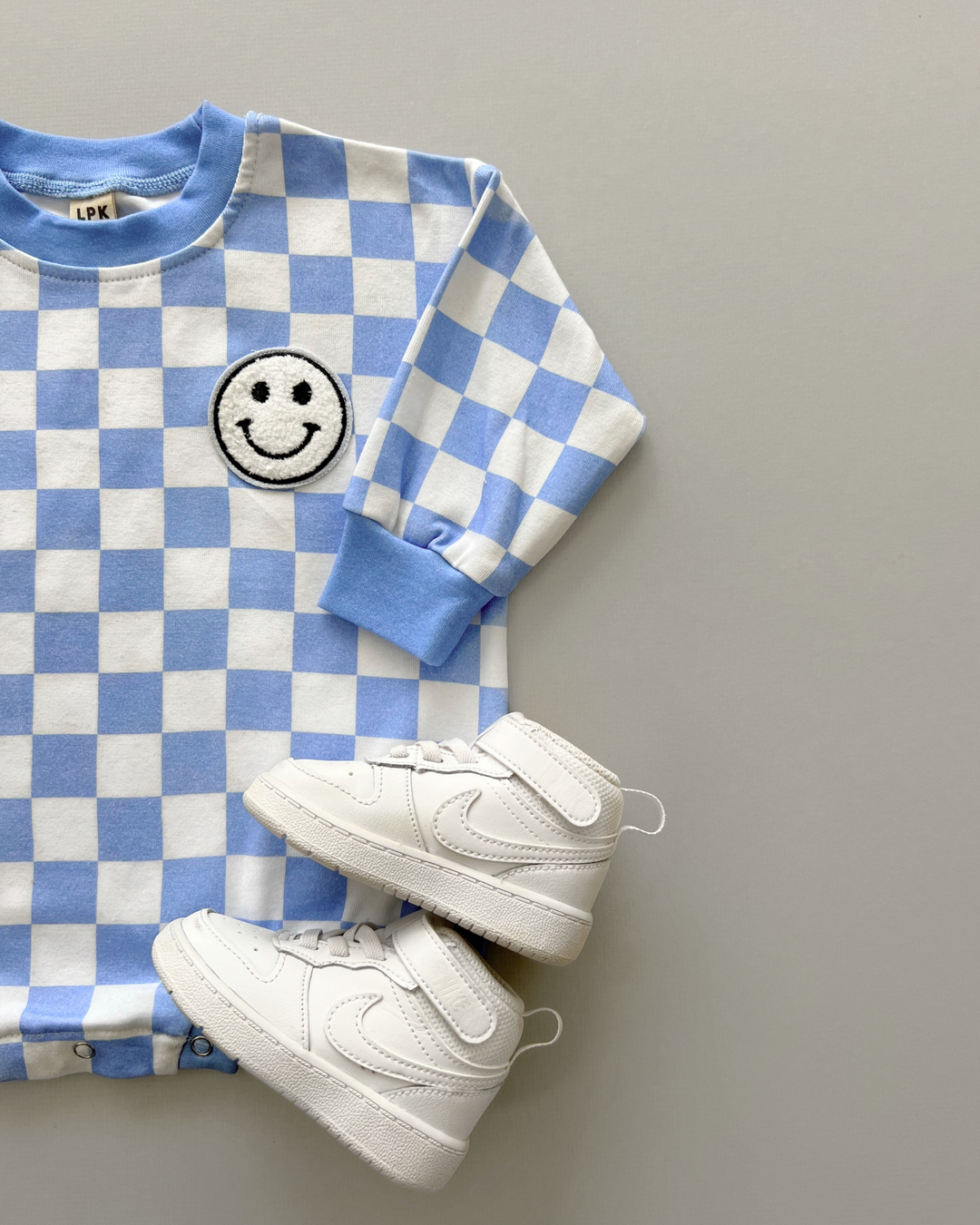 Bubble Romper | Checkered Smiley Blue