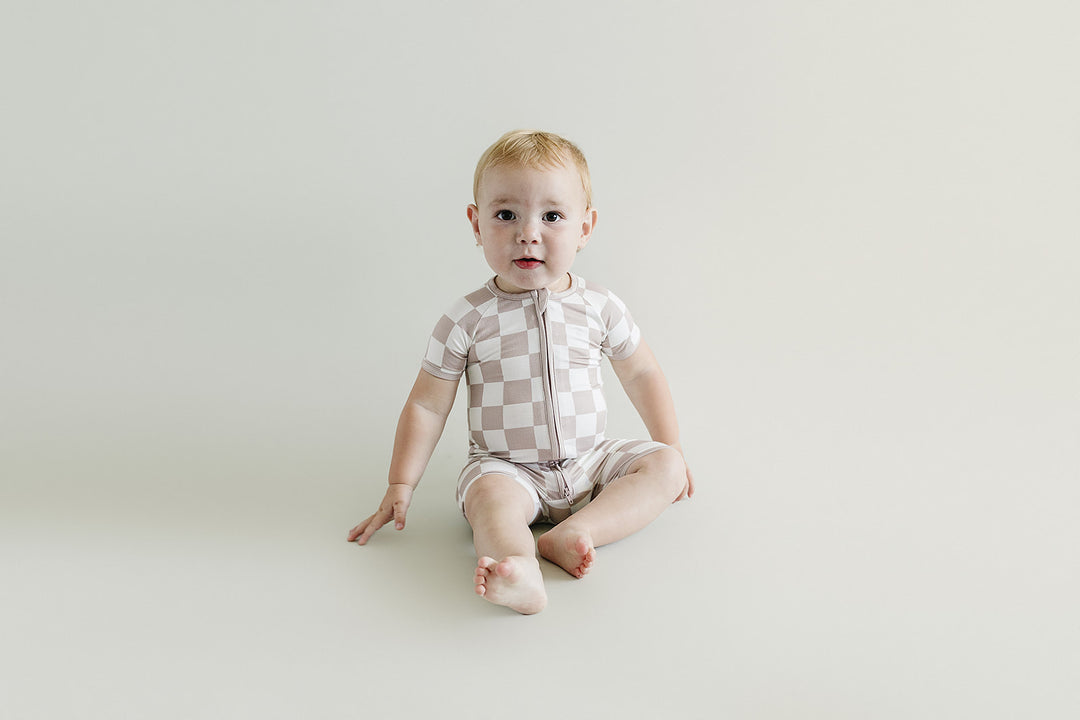 Bamboo Shorty Romper | Latte Checkered