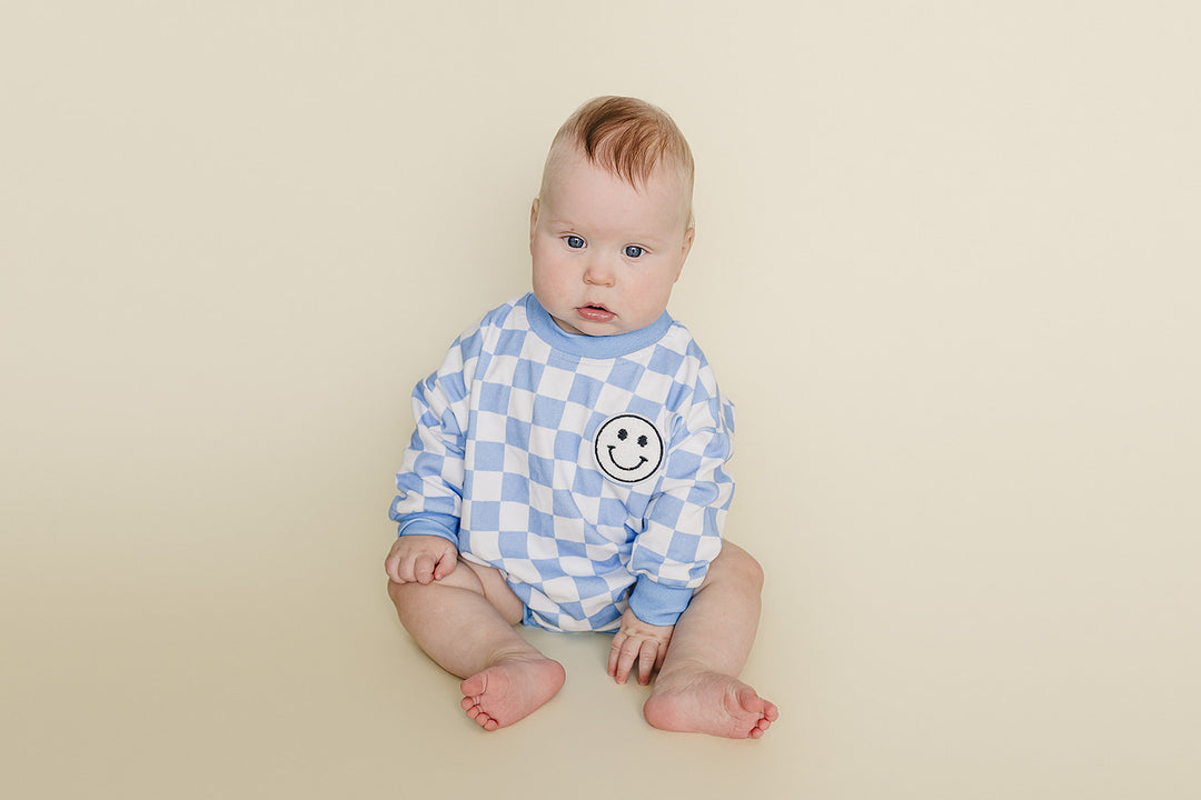 Bubble Romper | Checkered Smiley Blue