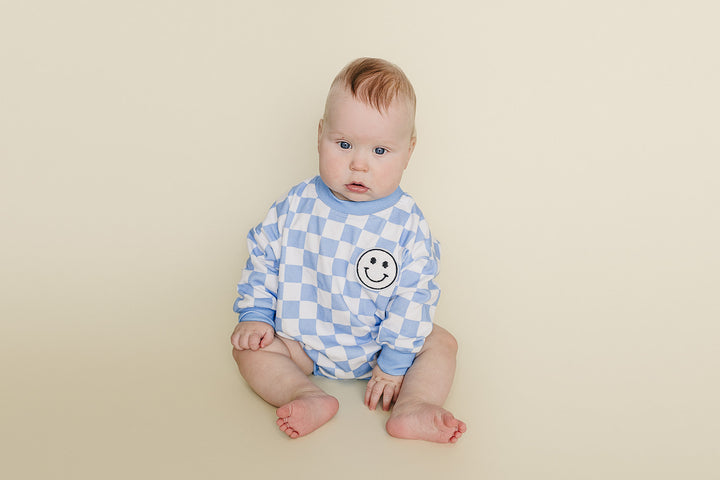 Bubble Romper | Checkered Smiley Blue
