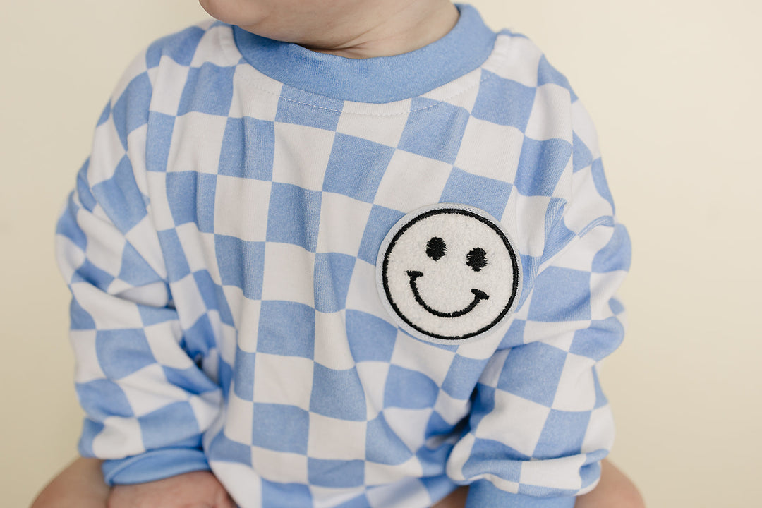 Bubble Romper | Checkered Smiley Blue
