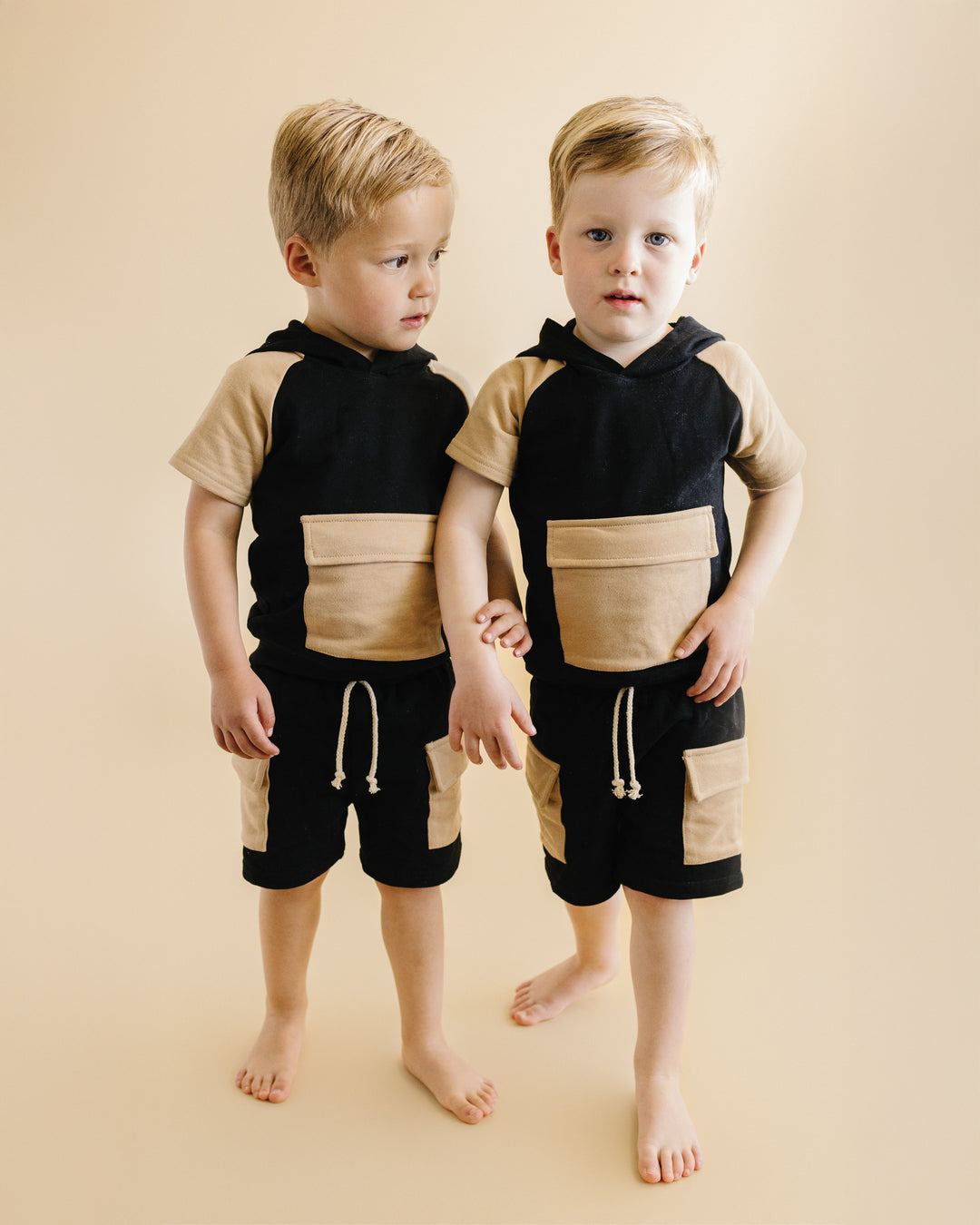 Terry Cargo Shorts Set | Black & Tan