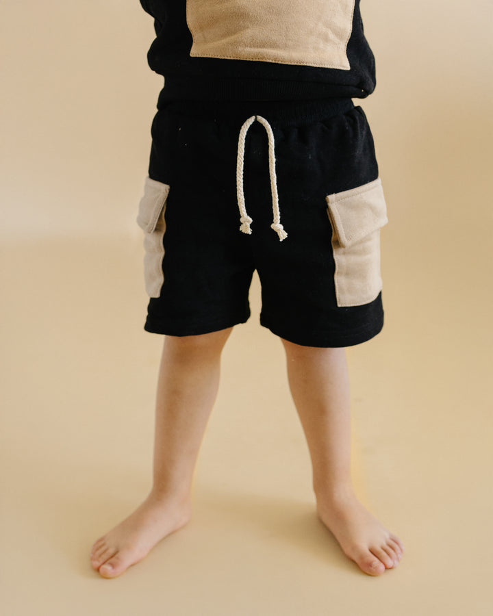 Terry Cargo Shorts Set | Black & Tan