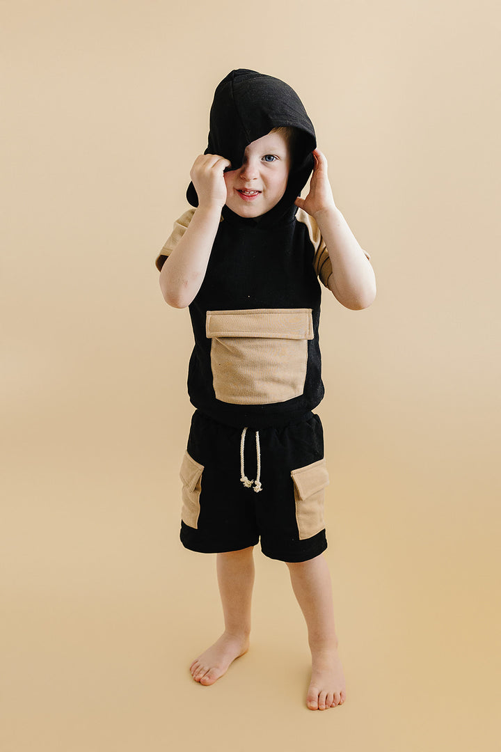 Terry Cargo Shorts Set | Black & Tan