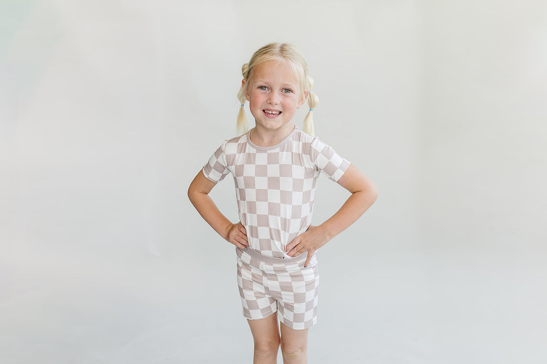 Bamboo Two Piece Shorts Set | Latte Checkered