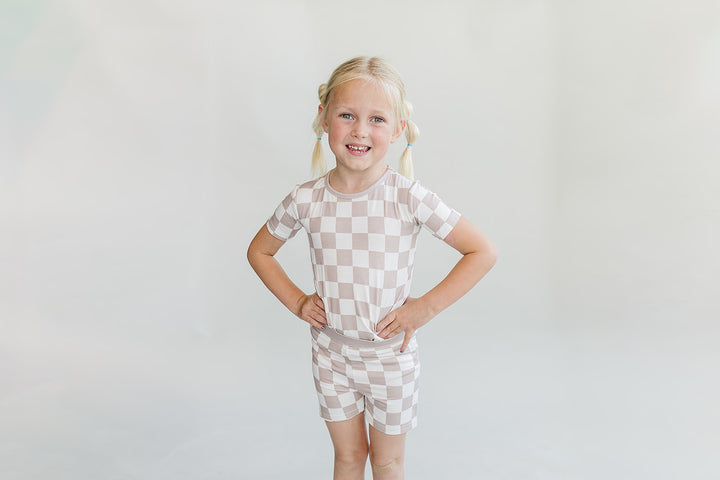 Bamboo Two Piece Shorts Set | Latte Checkered