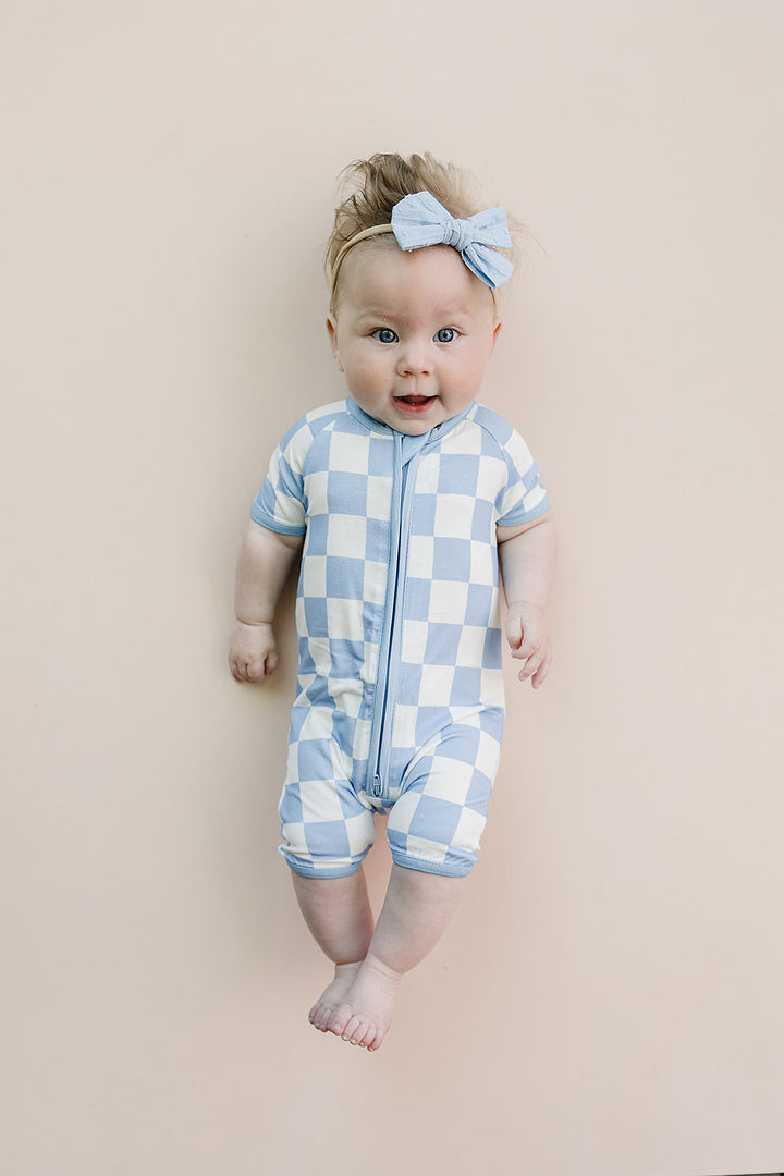 Bamboo Shorty Romper | Blue Checkered