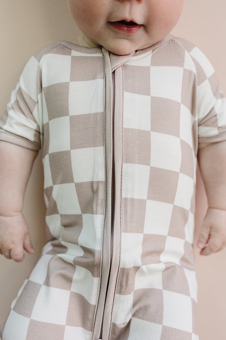 Bamboo Shorty Romper | Latte Checkered