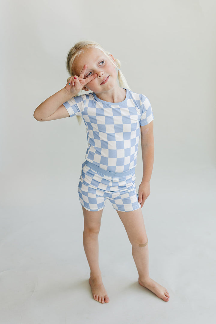 Bamboo Two Piece Shorts Set | Blue Checkered